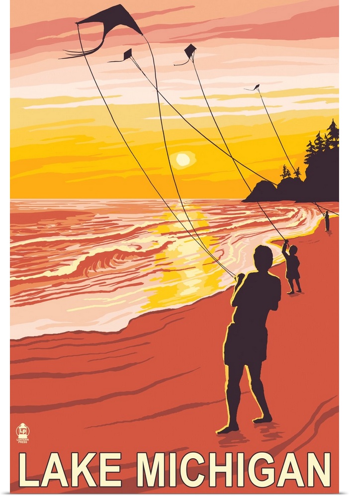 Retro stylized art poster of silhouetted people flying kites on the beach at sunset.