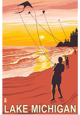 Lake Michigan - Sunset Kite Flyers: Retro Travel Poster