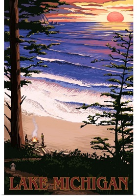 Lake Michigan - Sunset on Beach: Retro Travel Poster