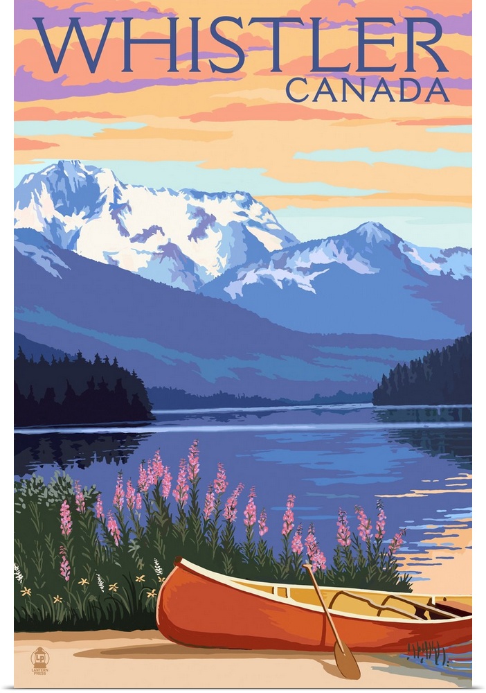Lake Scene and Canoe - Whistler, Canada: Retro Travel Poster