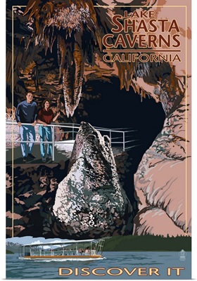 Lake Shasta Caverns, California - Cave and Catamaran: Retro Travel Poster