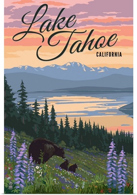 Lake Tahoe, California - Bear and Cubs with Spring Flowers