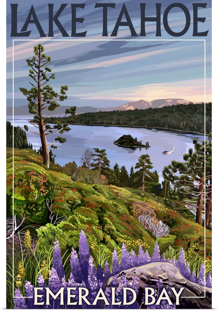 Retro stylized art poster of a wilderness scene. With vibrant wildflowers, and a bay in the background.