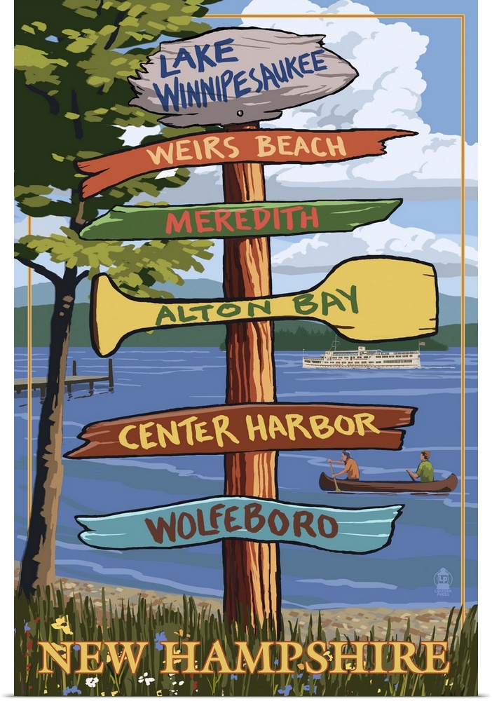Lake Winnipesaukee, New Hampshire - Signpost Destinations: Retro Travel Poster