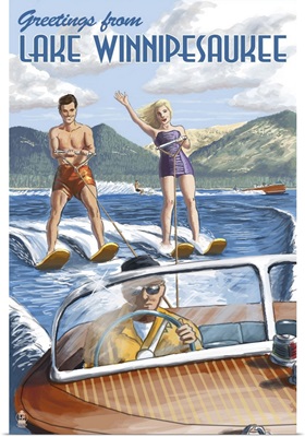Lake Winnipesaukee, New Hampshire - Water Skiing Scene: Retro Travel Poster
