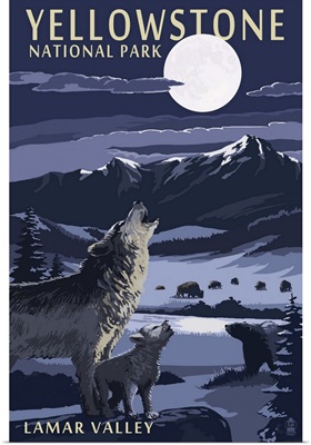 Lamar Valley Scene, Yellowstone National Park: Retro Travel Poster