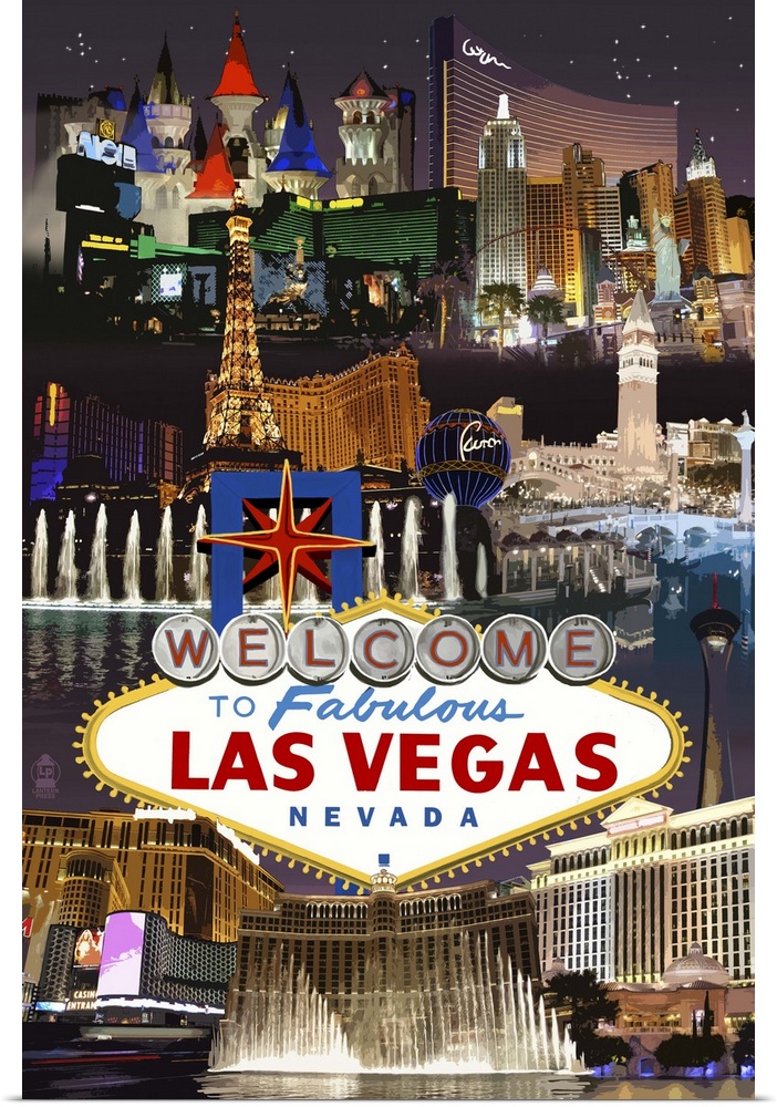 Las Vegas Casinos and Hotels Montage: Retro Travel Poster