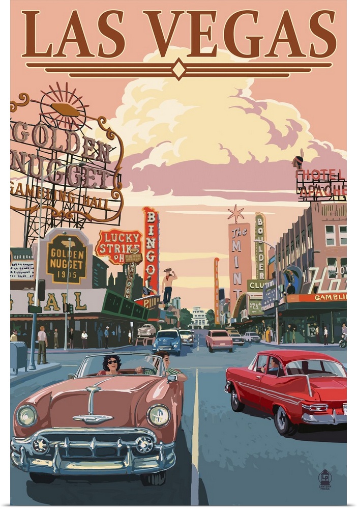Retro stylized art poster of a city scene, with cars driving down the road alongside of casinos.