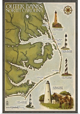 Lighthouse and Town Map - Outer Banks, North Carolina: Retro Travel Poster