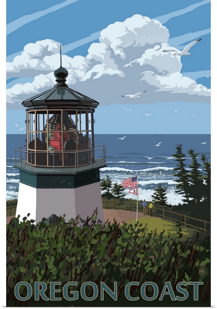 Retro stylized art poster of a lighthouse and a blue ocean in the background, with fluffy clouds in the sky.