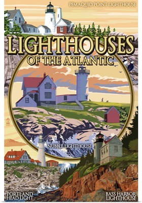 Lighthouses of Maine Montage: Retro Travel Poster