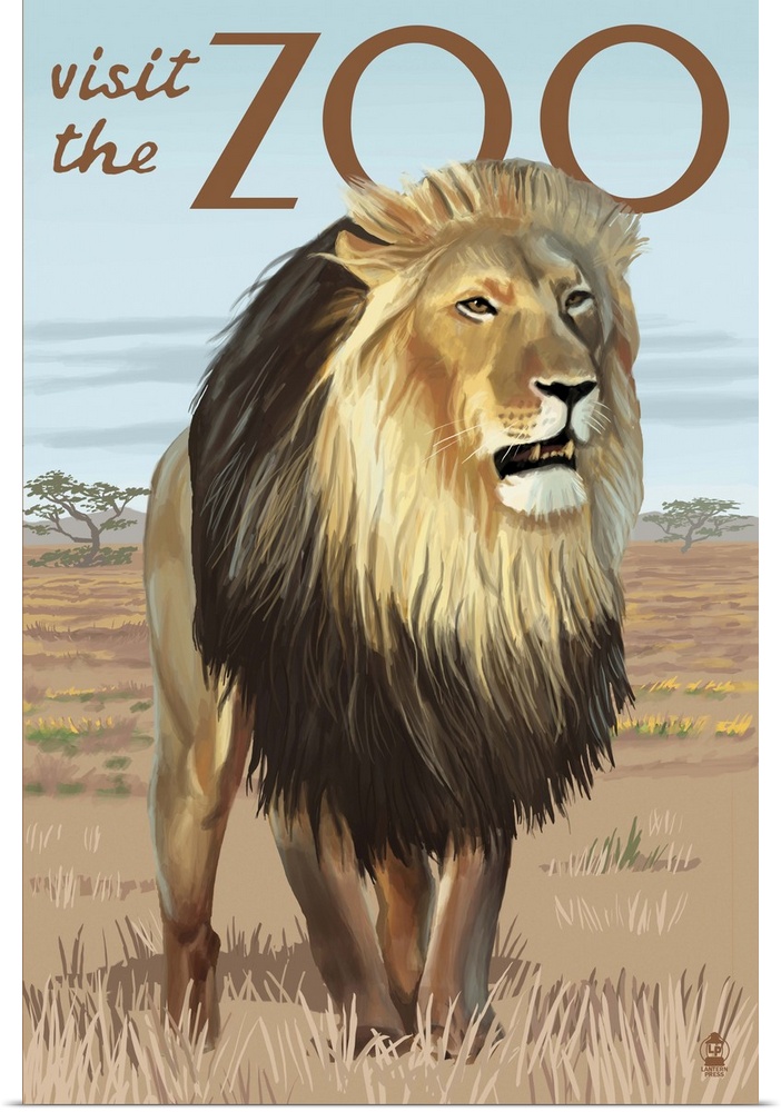 Lion - Visit the Zoo: Retro Travel Poster