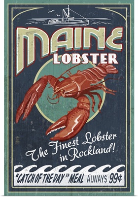 Lobster Vintage Sign - Rockland, Maine: Retro Travel Poster