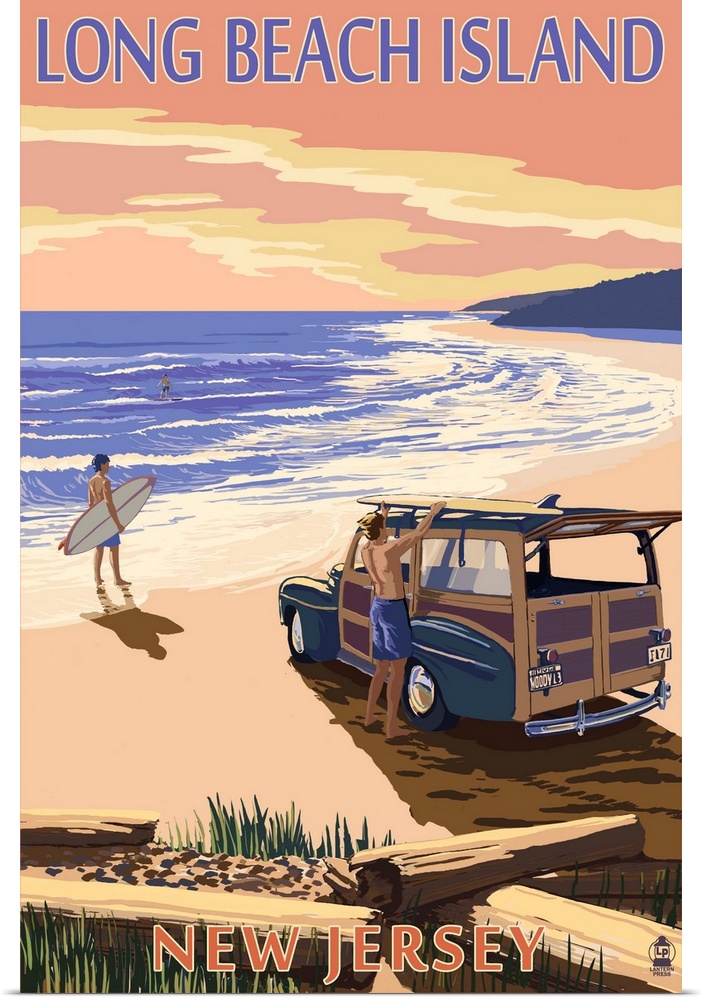 Long Beach Island, New Jersey - Woody on Beach: Retro Travel Poster