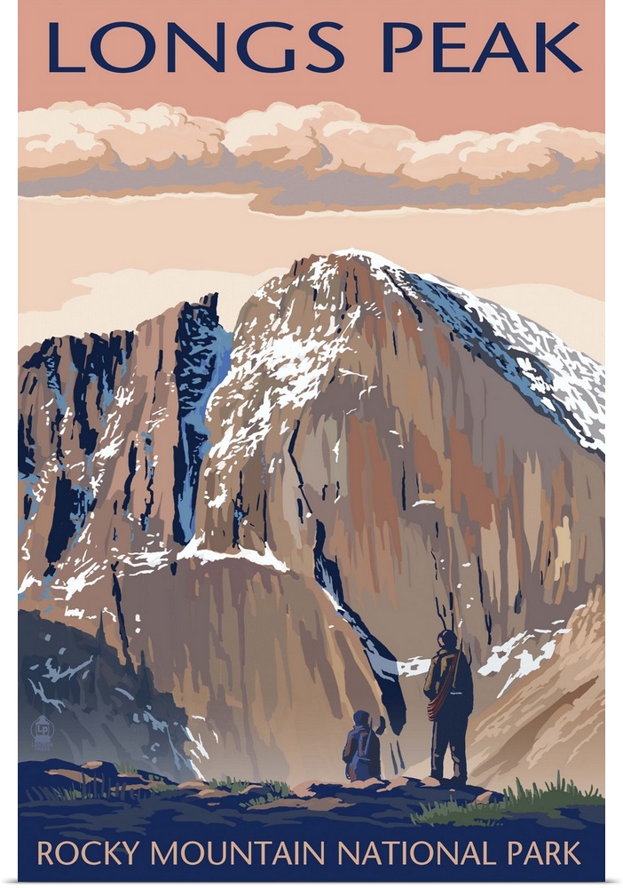 Retro stylized art poster of two hikers gazing out over a mountainous valley.