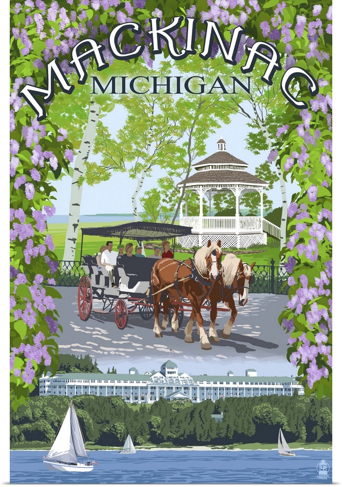 Retro stylized art poster of a horse drawn carriage near a gazebo, with a coastal scene at the bottom of the image.