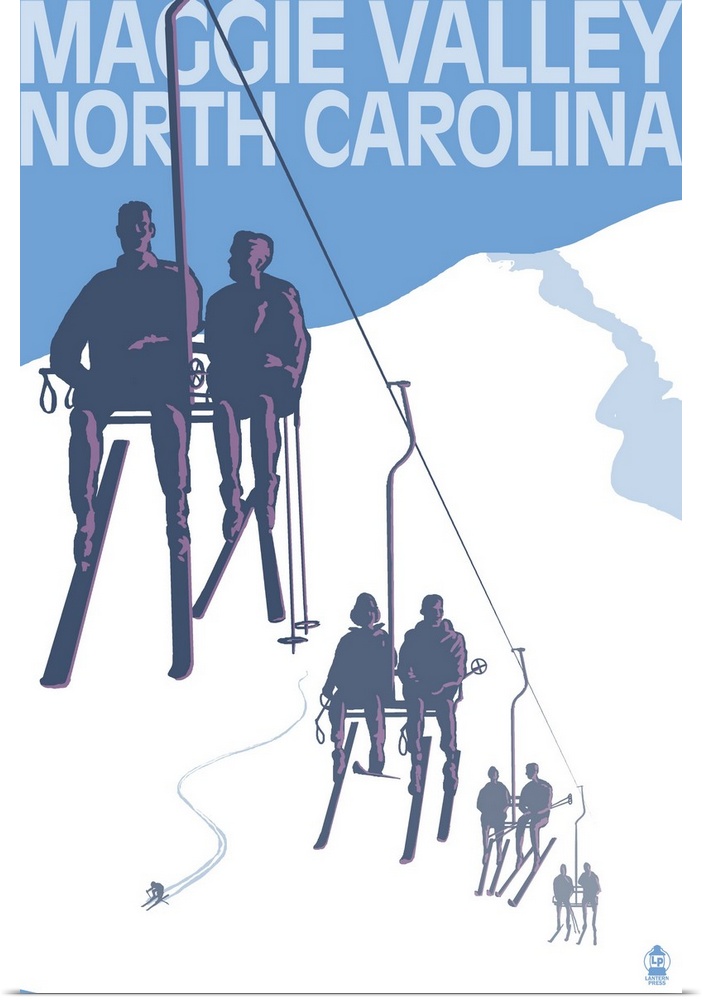 Retro stylized art poster of silhouetted skiers on a ski lift.