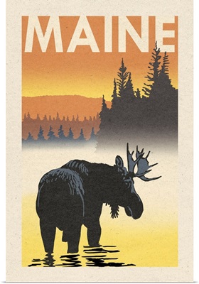 Maine - Moose at Dawn - Woodblock