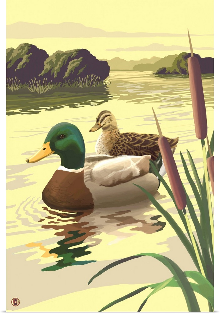 Retro stylized art poster of a mallard couple on a lake.