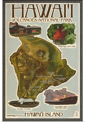 Map of Hawaii - Hawaii Volcanoes National Park: Retro Travel Poster