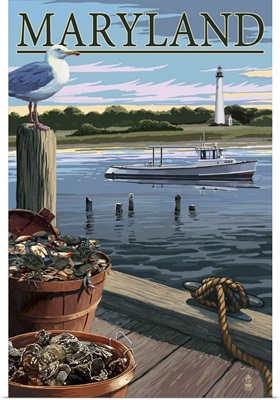 Maryland - Blue Crab and Oysters on Dock: Retro Travel Poster