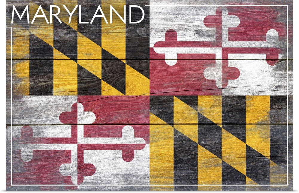 The flag of Maryland with a weathered wooden board effect.