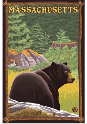 Massachusetts - Black Bear in Forest: Retro Travel Poster