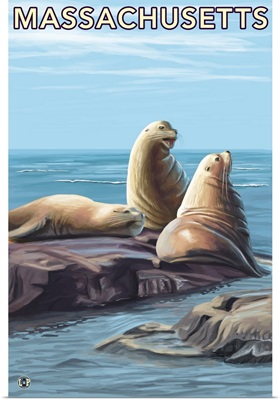 Massachusetts - Sea Lions Scene: Retro Travel Poster