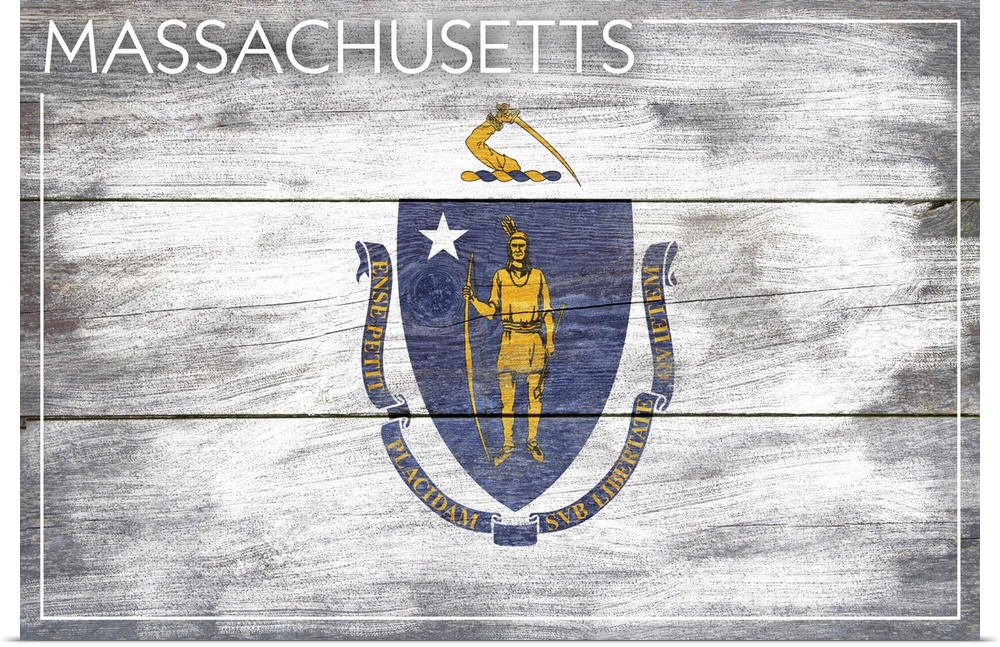 The flag of Massachusetts with a weathered wooden board effect.