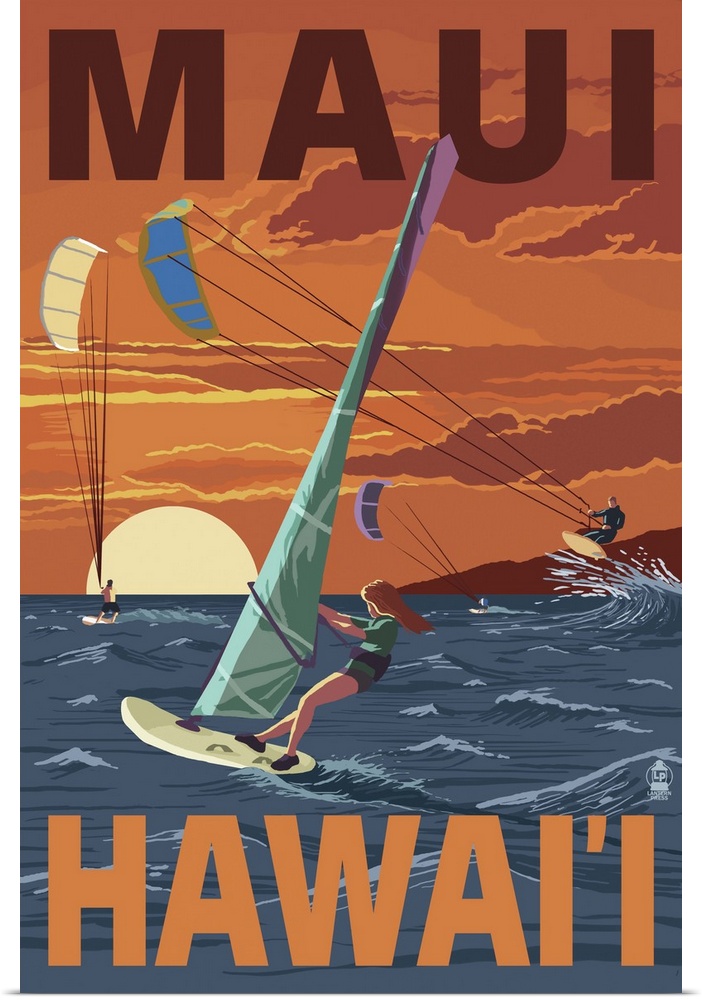 Maui, Hawaii - Windsurfers Scene at Sunset: Retro Travel Poster
