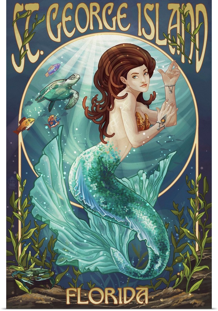 Retro stylized art poster of an Art Nouveau style mermaid.