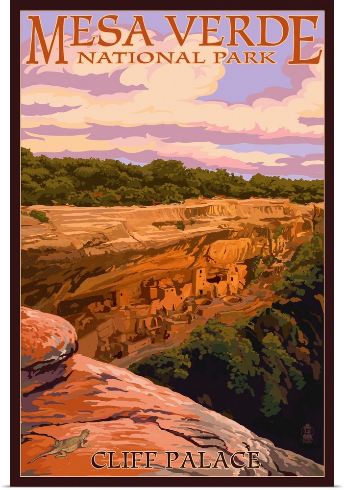 Mesa Verde National Park, Colorado - Cliff Palace at Sunset: Retro Travel Poster