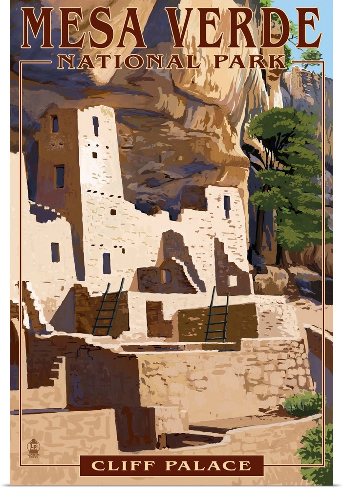 Mesa Verde National Park, Colorado - Cliff Palace: Retro Travel Poster