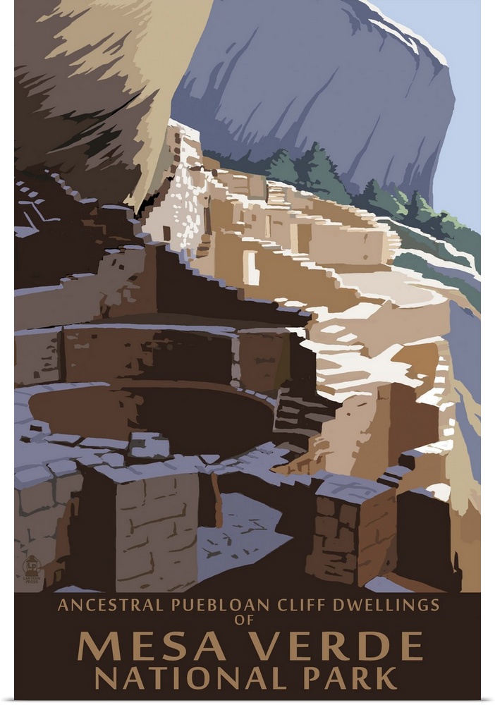 Retro stylized art poster of old stone ruins in a rocky and rugged state park.