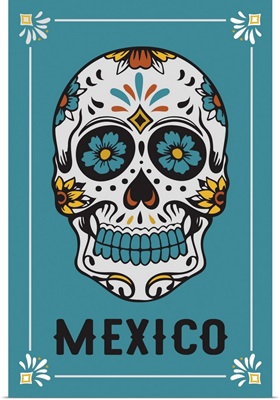 Mexico - Sugar Skull & Flower Pattern - White & Blue