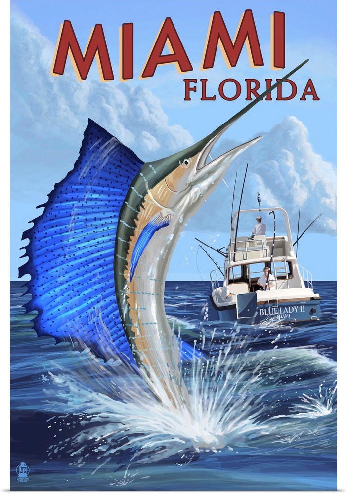 Miami, Florida - Deep Sea Fishing: Retro Travel Poster