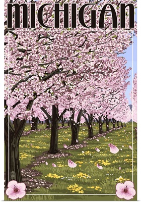 Michigan - Cherry Orchard in Blossom: Retro Travel Poster