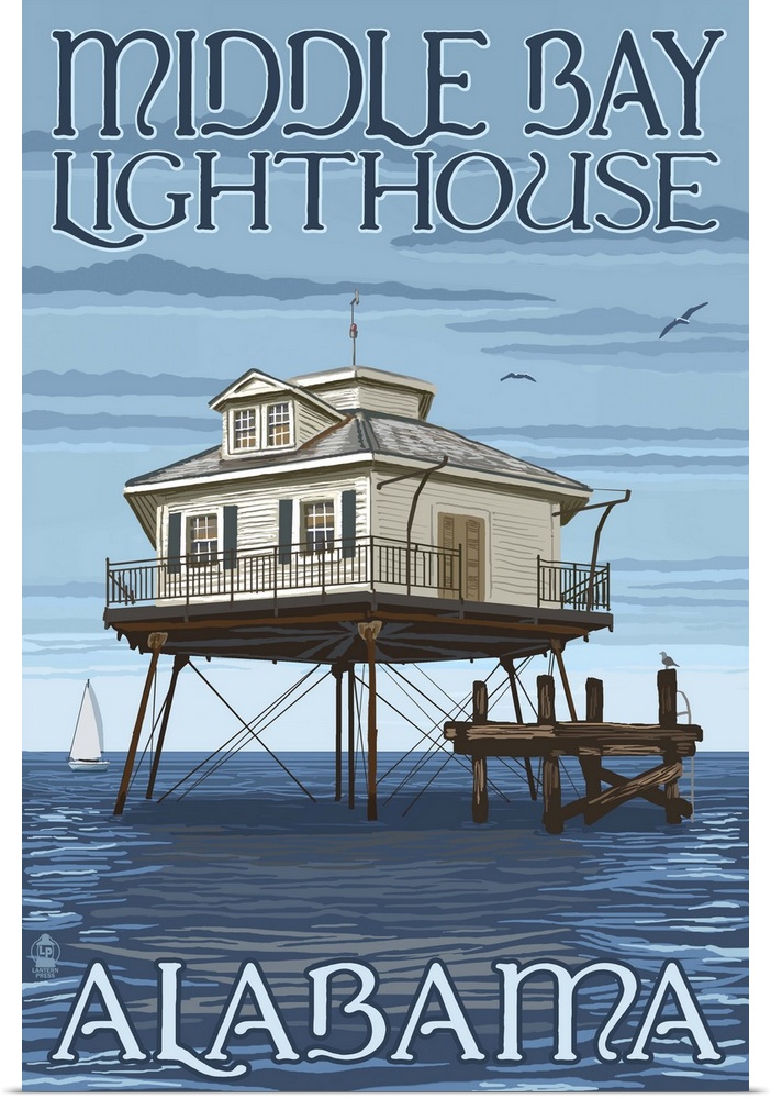 Retro stylized art poster of lighthouse stilted over the ocean.