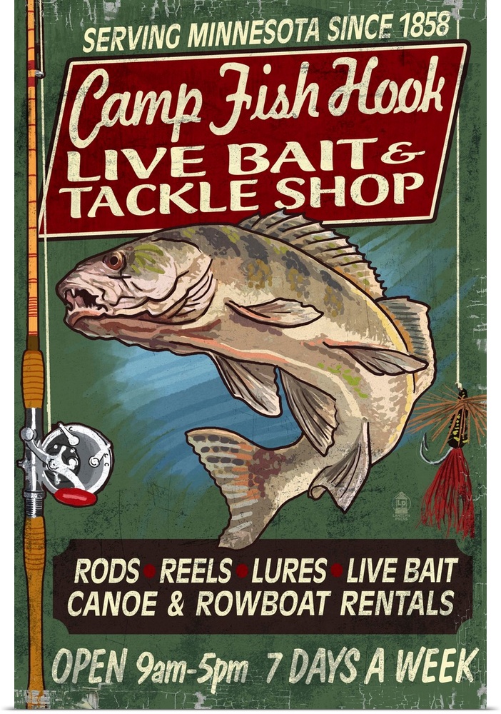 Retro stylized art poster of a vintage sign with an image of a fish and tackle gear.
