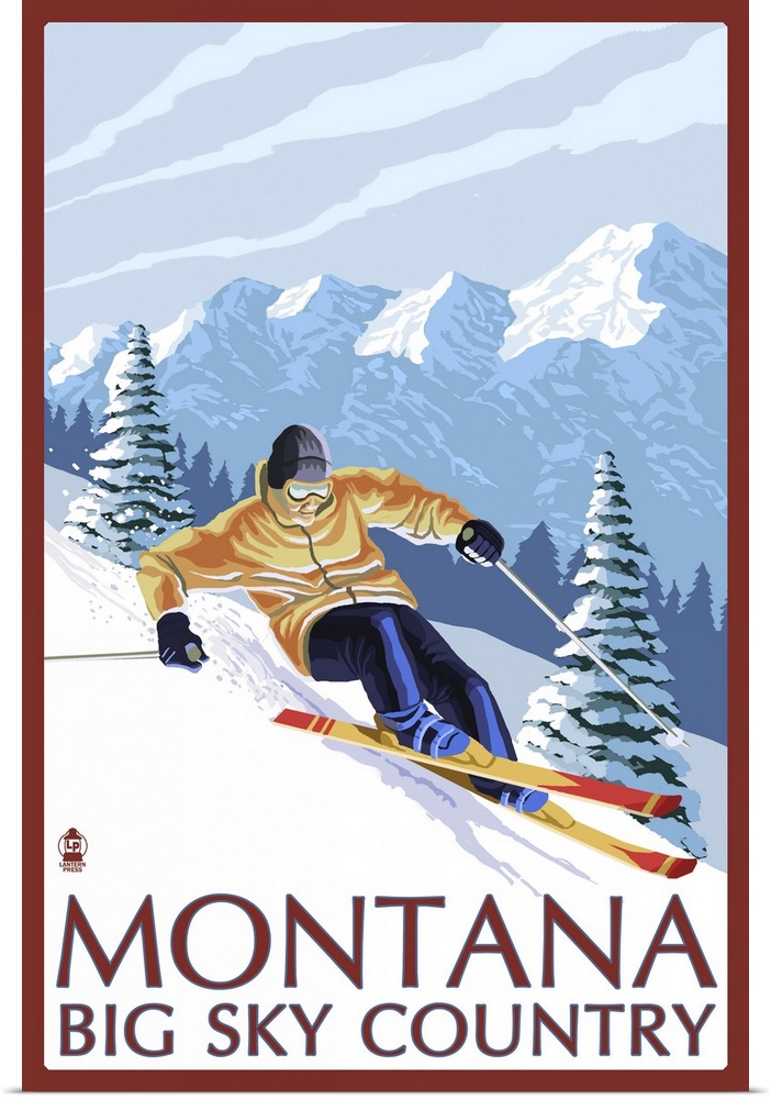 Montana - Big Sky Country - Downhill Skier: Retro Travel Poster
