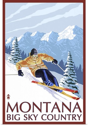 Montana - Big Sky Country - Downhill Skier: Retro Travel Poster