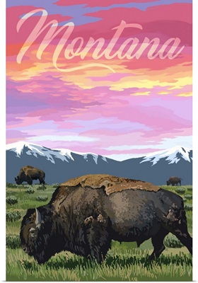 Montana - Bison & Sunset - Large Script