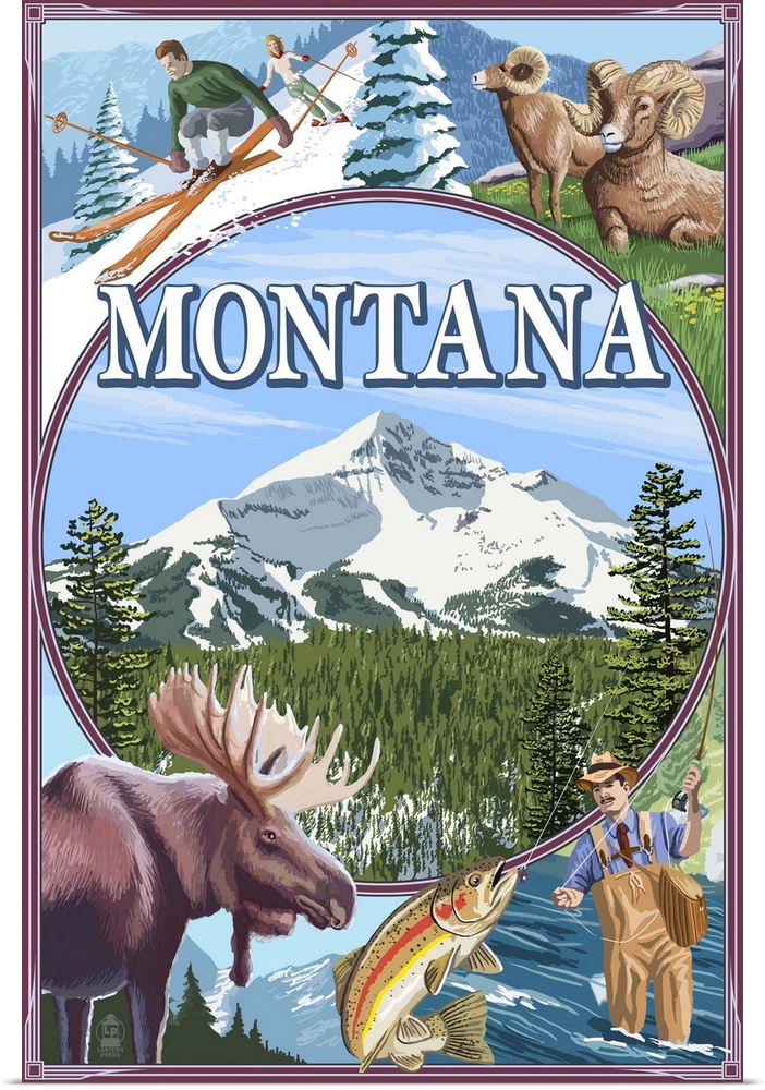 Retro stylized art poster of a moose and fisherman with a skier and full curl sheep.