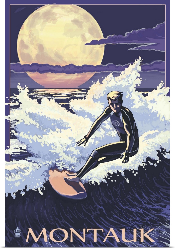 Retro stylized art poster of a surfer riding a wave at night, with a large in the sky.