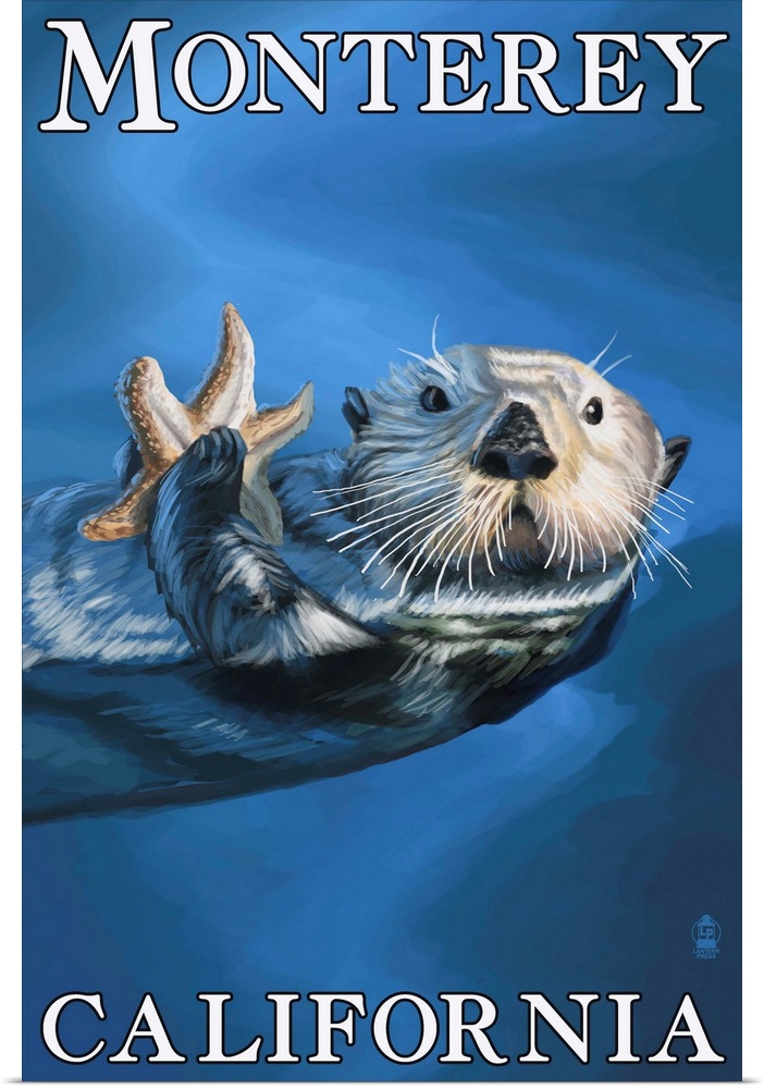 Retro stylized art poster of a sea otter floating on its back in the ocean, holding a starfish.