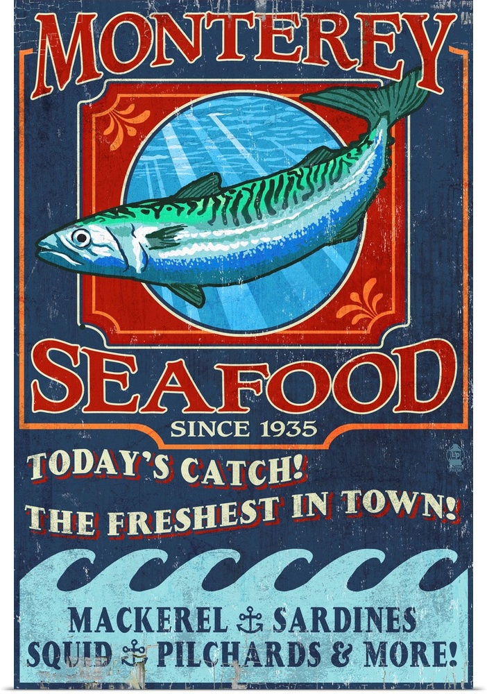 Retro stylized art poster of a vintage seafood market sign displaying a mackerel.