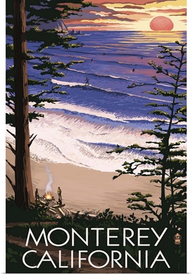 Monterey, California - Sunset and Beach: Retro Travel Poster