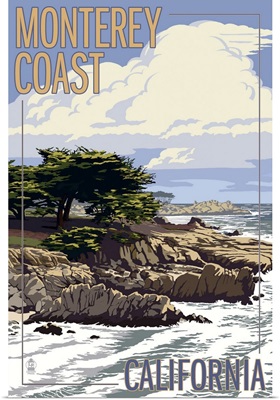 Monterey Coast, CA View of Cypress Trees: Retro Travel Poster