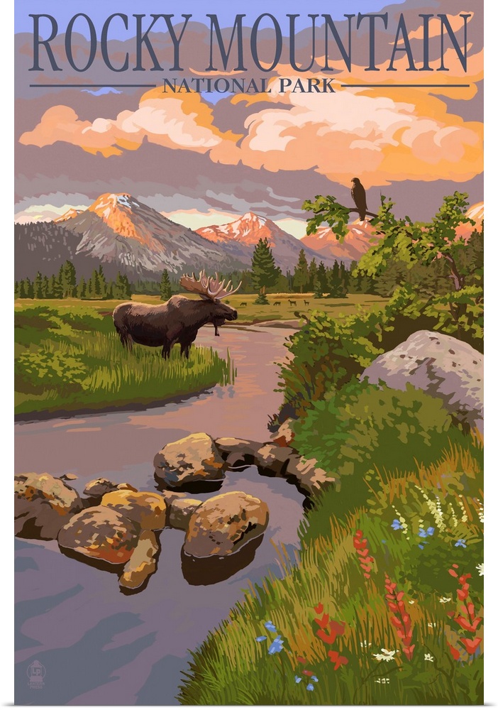 Retro stylized art poster of a moose drinking from a rocky stream in afternoon light.