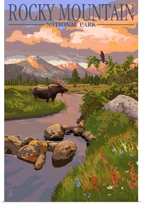 Moose and Meadow - Rocky Mountain National Park: Retro Travel Poster